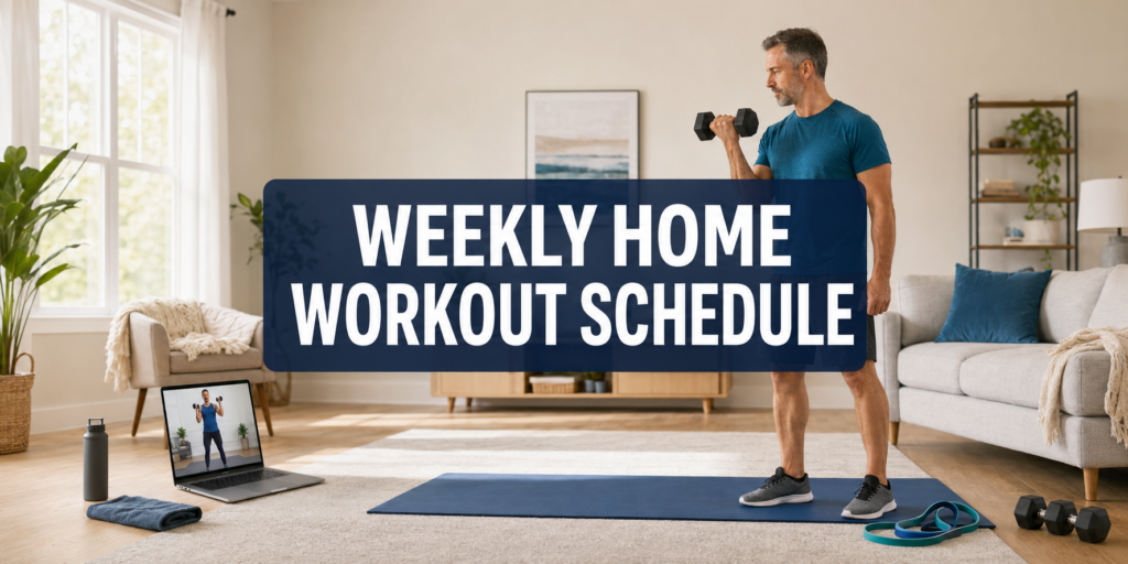 Build a realistic weekly home workout schedule with strength training, cardio, mobility, online workouts, and recovery days you can adjust to your fitness level.
